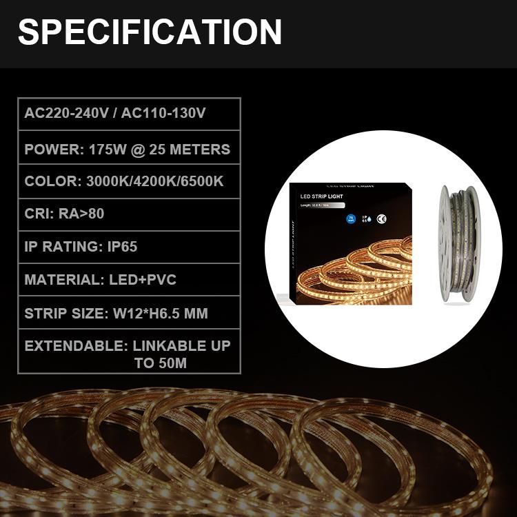 Decoration Light AC220V 230V LED Strip Light 82FT 25 Meters Length with Power Supply Outdoor Used IP65 Ce LVD EMC RoHS Certified