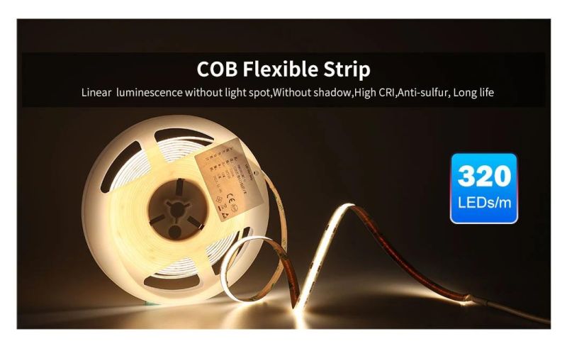 Waterproof IP65 Tape Light White Flexible 8mm 10mm 12V 24V Flexible 320LEDs 512LEDs COB LED Light Strip