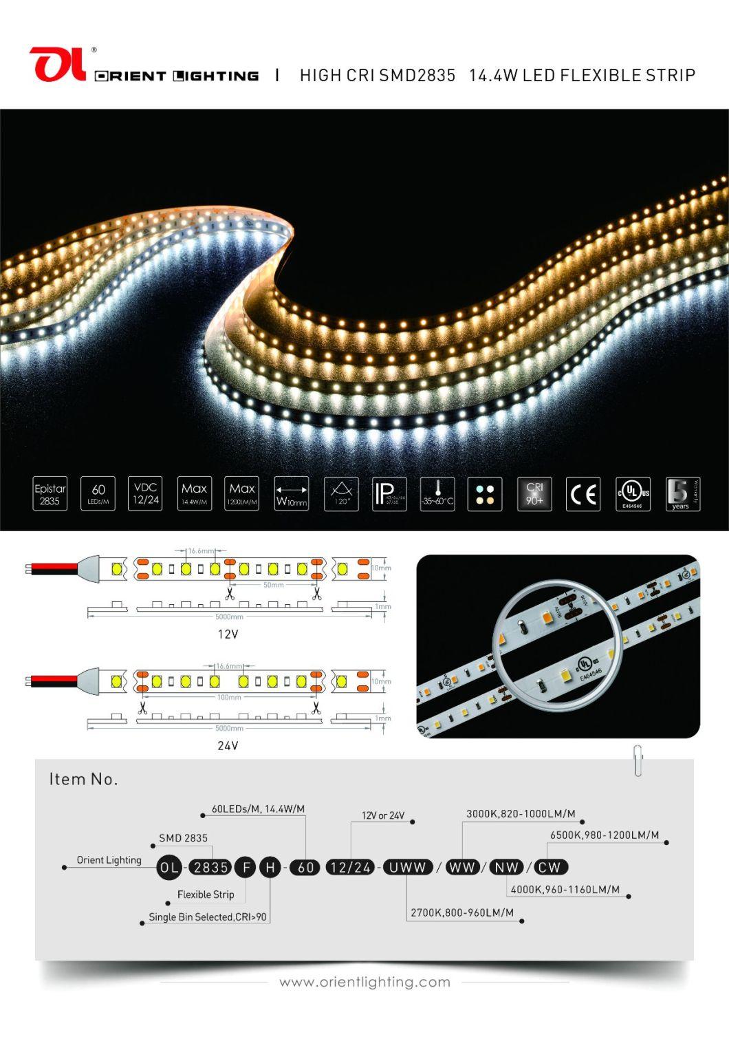 UL Ce Epistar 2835 60LEDs 14.4W 24V 3000K Waterproof IP66 LED LED Strip Light