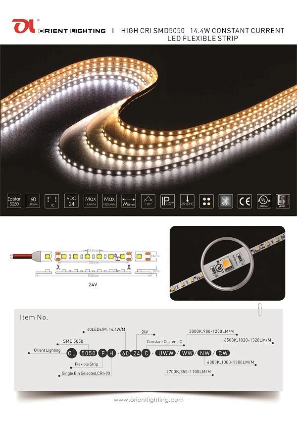 UL Ce Epistar 5050 60LEDs/M 14.4W/M 24V CRI 90 LED Strip Light