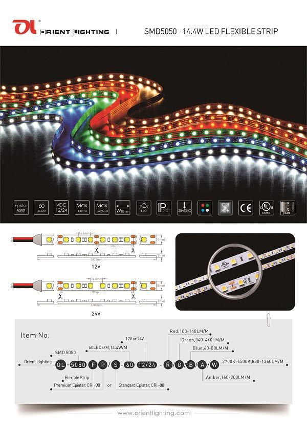 UL Ce Epistar 5050 60LEDs/M 14.4W/M CRI 80 LED Strip Light