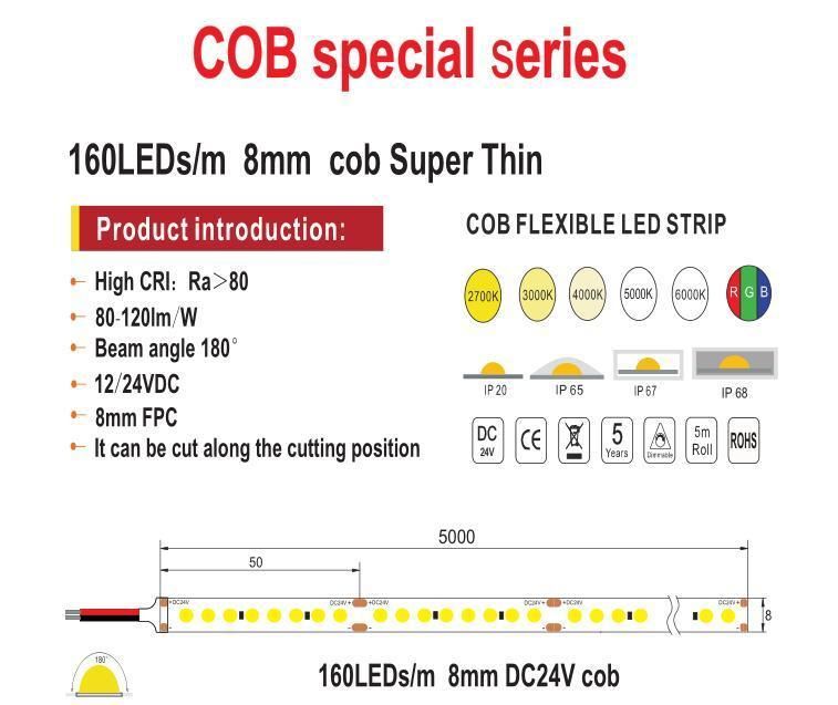 5m DC24V COB LED Strip 80 160 240LEDs High Density Flexible COB LED Lights CRI 80 CCT LED Tape LED Strip