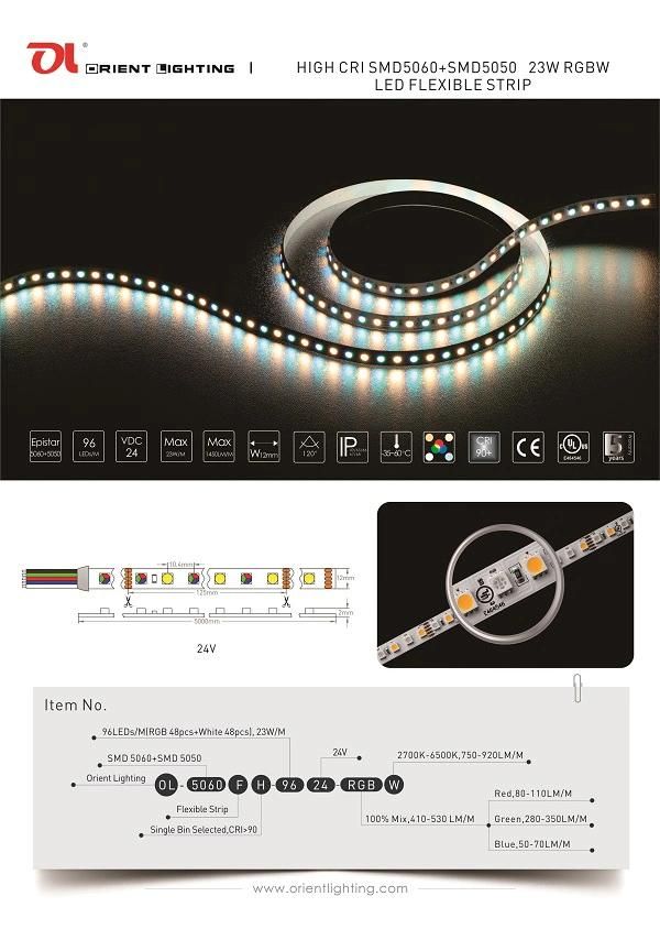 UL Ce SMD5060+SMD5050 96LEDs 23W 24V RGBW IP66 Waterproof LED Strip