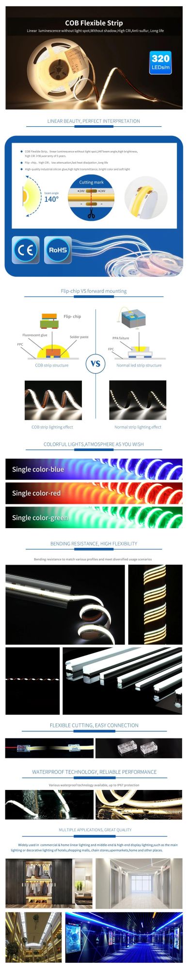 IP65 Waterproof Seamless Light UL CE DC24V 6500K CRI>90 3step 10W Color Box COB LED Strip