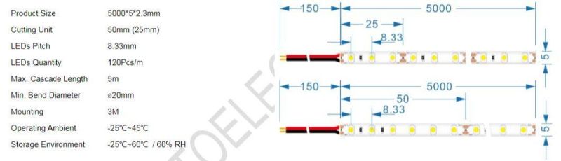 Ra80 12V 5mm Ultra Narrow RGB 120 PCS/M Cutting 25mm 3528 LED Light Strip