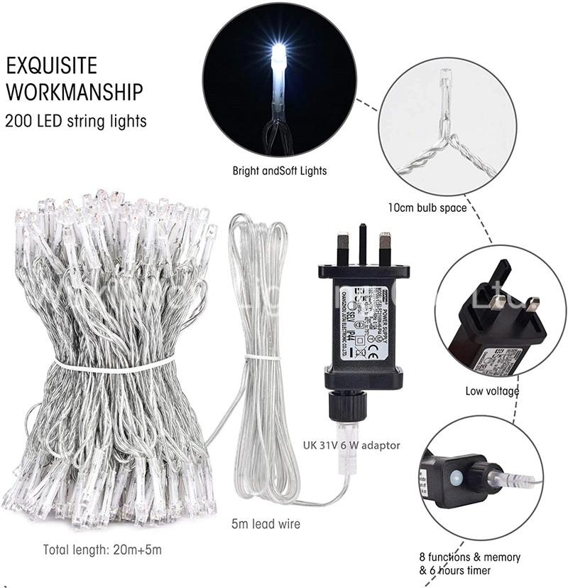 String Fairy Lights 200 LED Decorative String Firefly Lights Mains Powered with Adapter Waterproof Indoor Outdoor 20m Cold White for Patio Garden Home