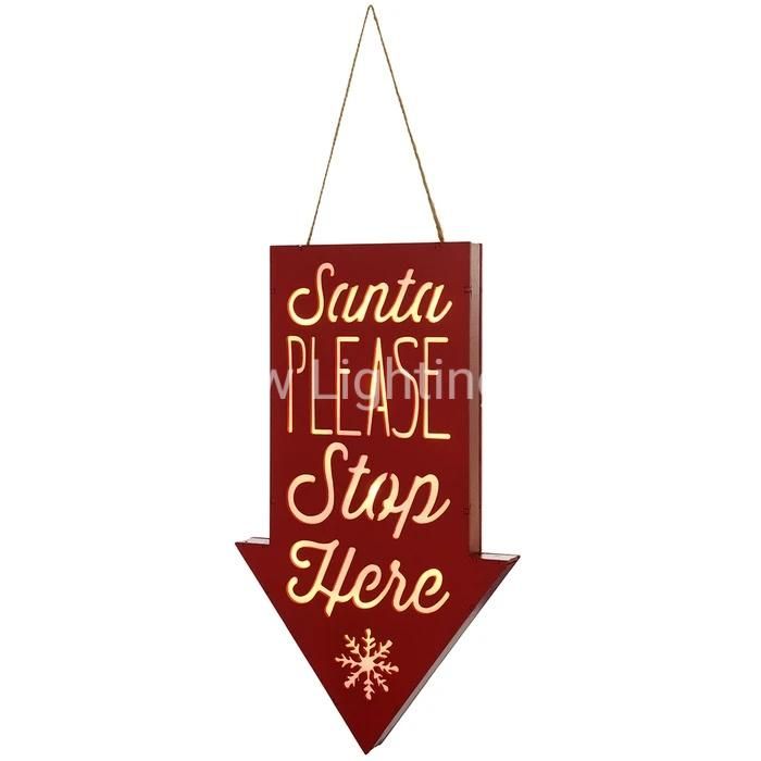 Hanging Santa Please Stop Here Sign Christmas Decoration Wood 31 Cm - Red