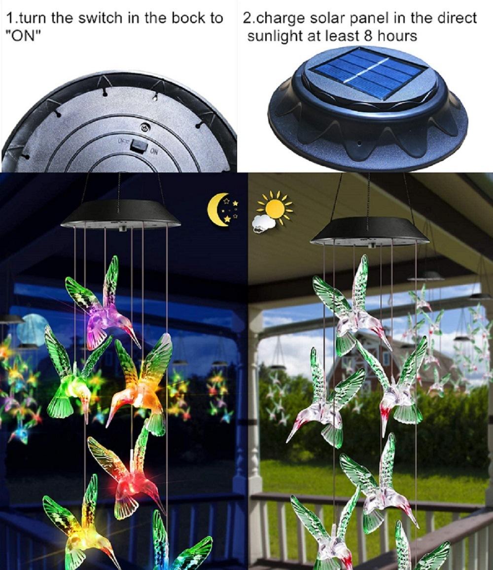 Wind Chime, Solar Hummingbird Wind Chimes, Color Changing Waterproof Outdoor Dé Cor, Home Yard Garden Decorations Wyz18486