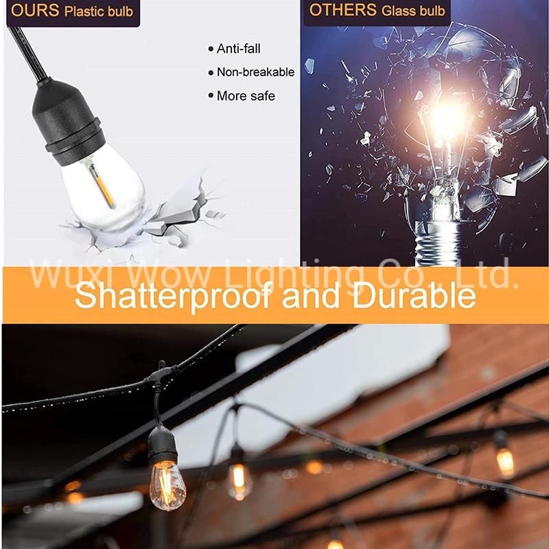 150FT S14 Outdoor String Light Garden Lights Mains Powered Waterproof IP65 with 45+5 Plastic LED Bulbs Warm White 2700K