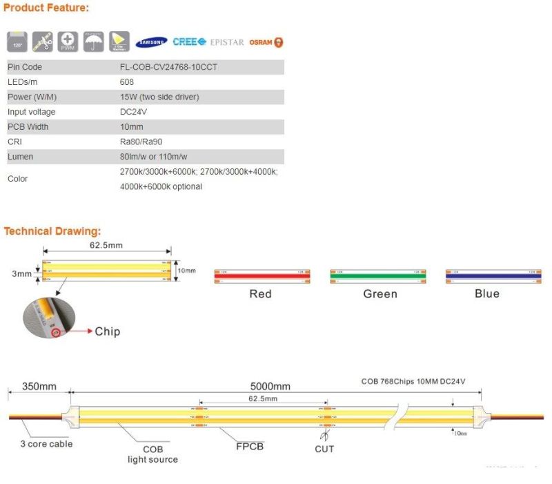 CCT COB LED Stirp 768LED/M 2-Row COB CCT Light Strip