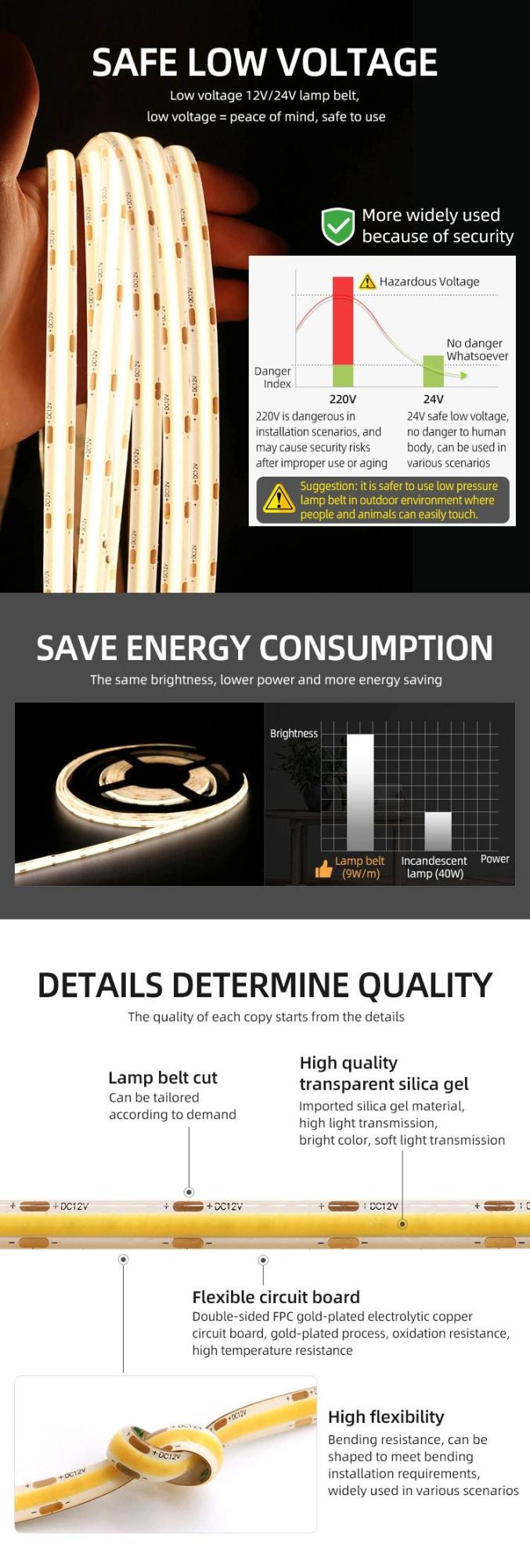 IP65 Silicon Glue 8mm PCB 9W 12W Dotless LED COB Strip Light