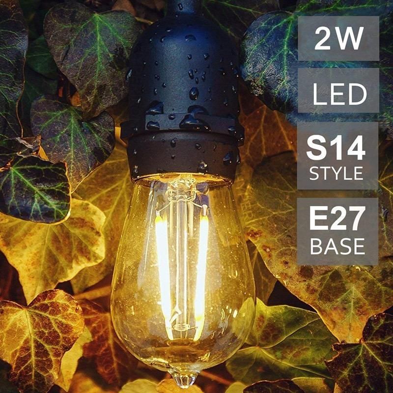 2700K Warm White IP65 Waterproof LED Outdoor String Lights - Hanging 2W Vintage Edison Bulbs