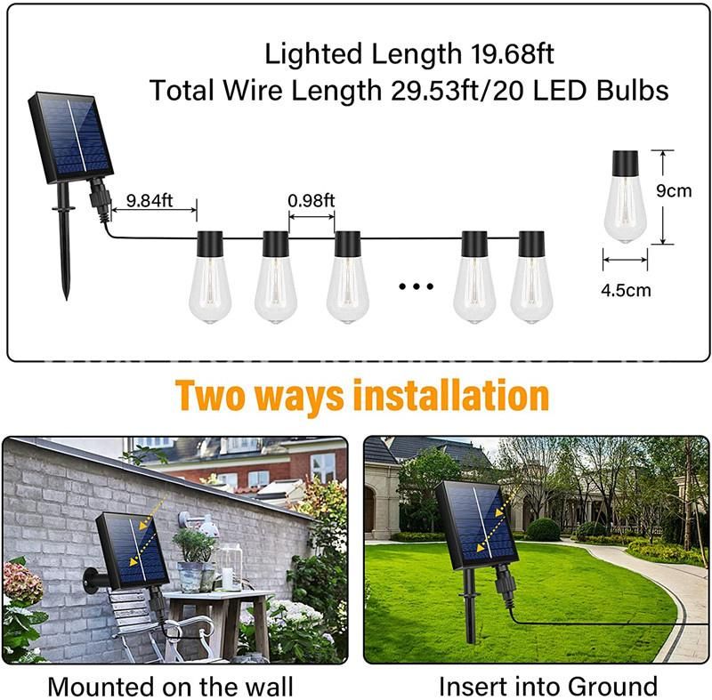 29.5FT IP65 Waterproof Garden String Light 8 Modes 20 LED Remote Control Outdoor String Lights Solar Powered for Christmas Party Festival Decoration