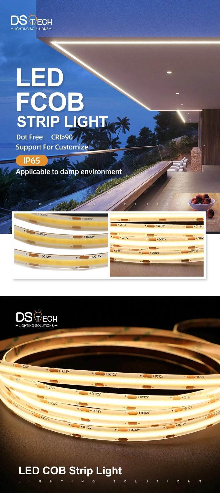 IP65 Silicon Glue 8mm PCB 9W 12W Dotless LED COB Strip Light