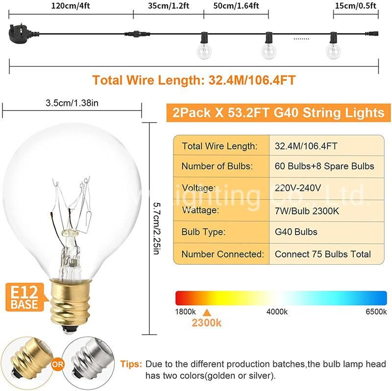 106.4FT 2-Pack Festoon Lights Outdoor, G40 Outdoor String Lights Mains Powered with 60+8 E12 Bulbs, IP44 Waterproof Garden Patio Outside Globe Fairy Light