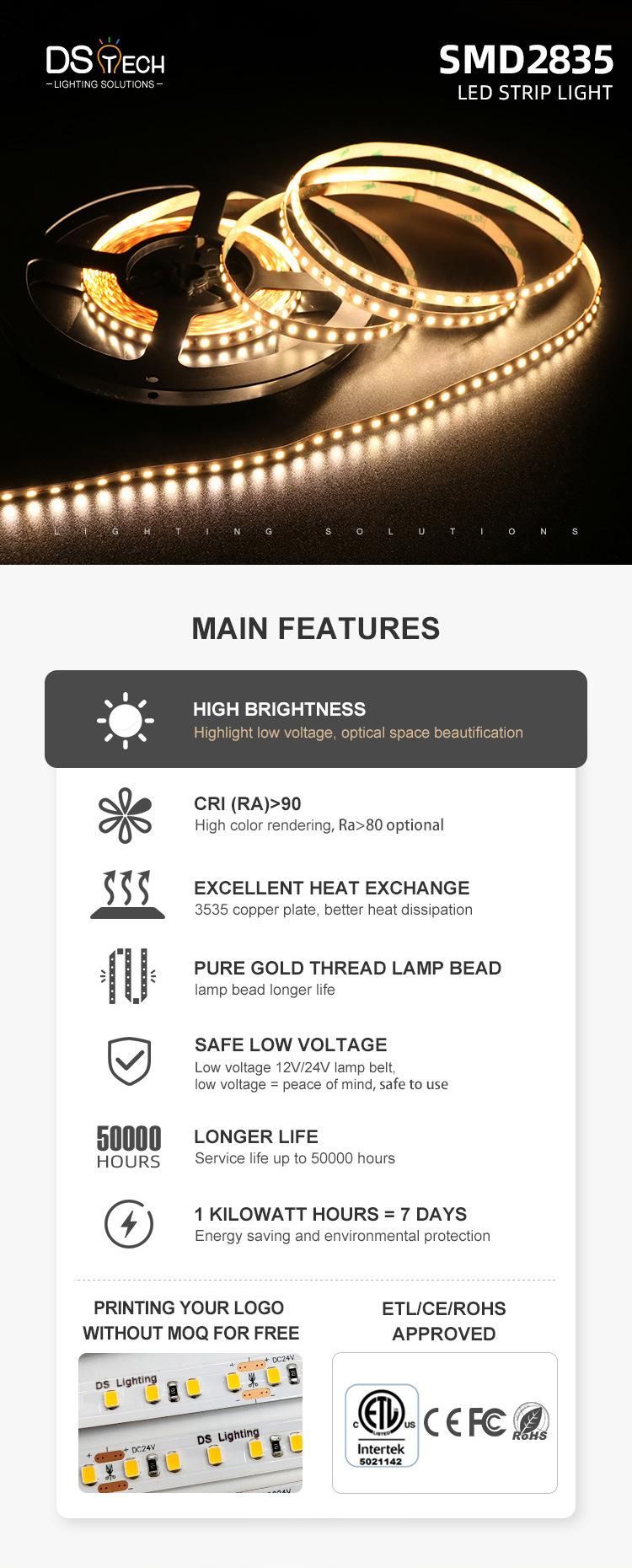 ETL 5year Warranty Classic SMD2835 8mm PCB 120LEDs 12W LED Strip Light