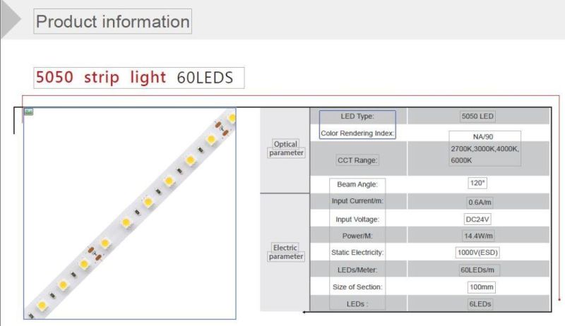 Manufactor Direct Sell SMD LED Strip Light 5050 60LEDs/M DC24V for Home/Office/Building