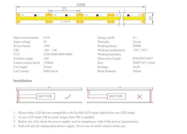 Hot Sales 180 Degree 24V 4000K COB LED Strip Lighting for Decoration