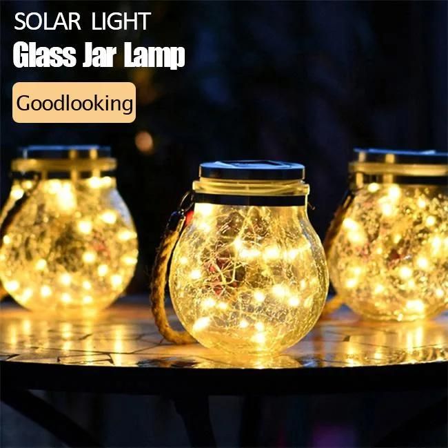 Solar Powered Outdoor Waterproof Mason Jar Lights Warm White Colorful Light Cracked Glass Bottle Garden Decorative String Light Hanging Copper Wire String Light