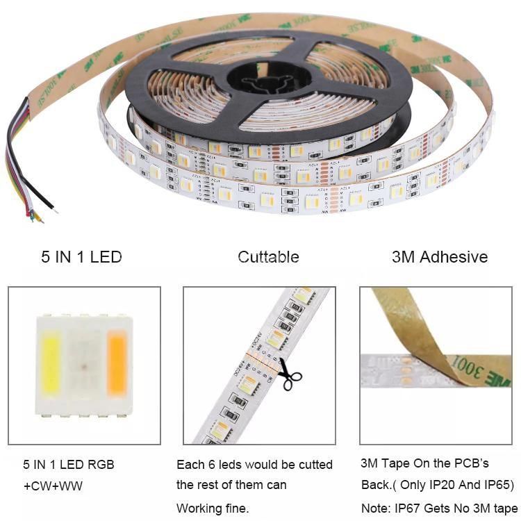 IP20 IP65 IP67 IP68 Holiday Christmas Lighting Waterproof 60LEDs/M 12mm FPC 5in1 Rgbww Rgbcct RGB+CCT 5050 LED Strip Light