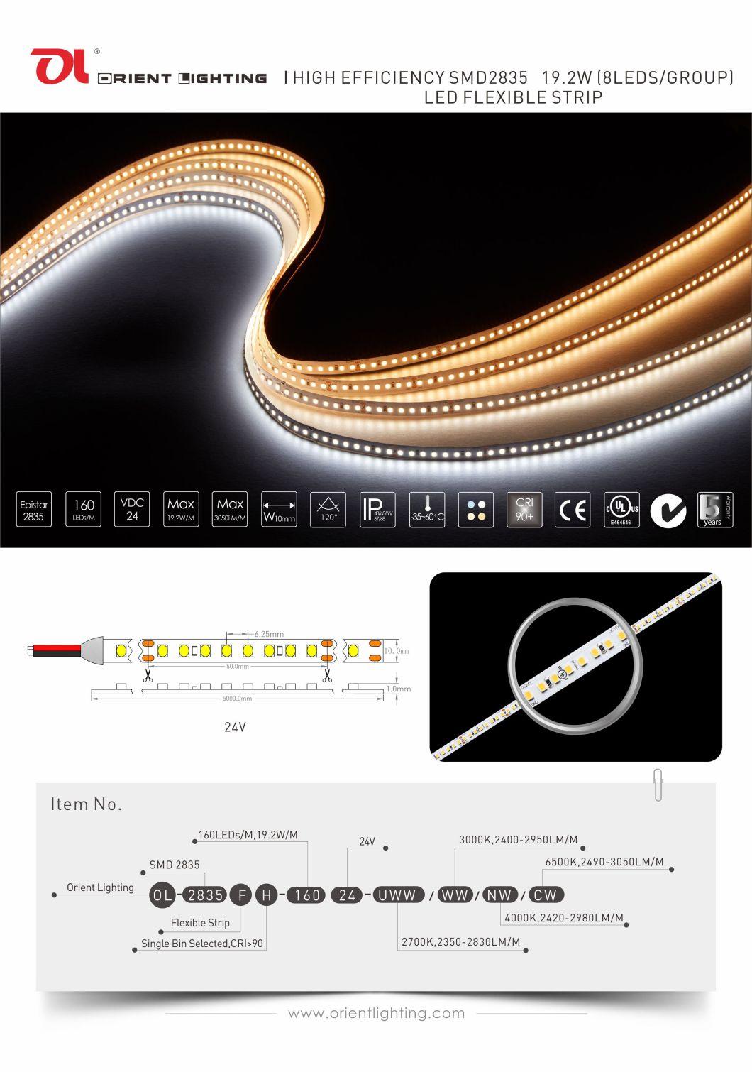 UL Ce 2835 SMD 160 LEDs/M 19.2W/M 10mm High Brightness LED Strip Lights