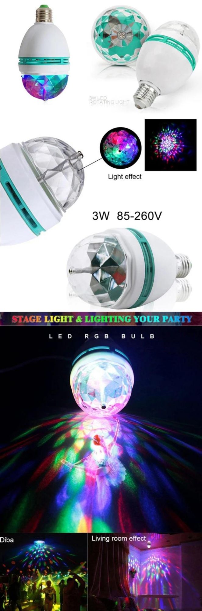 Colorful 3W RGB LED Small Magic Ball Light Rotating Party Stage Bulb Lamp Bar Decoration