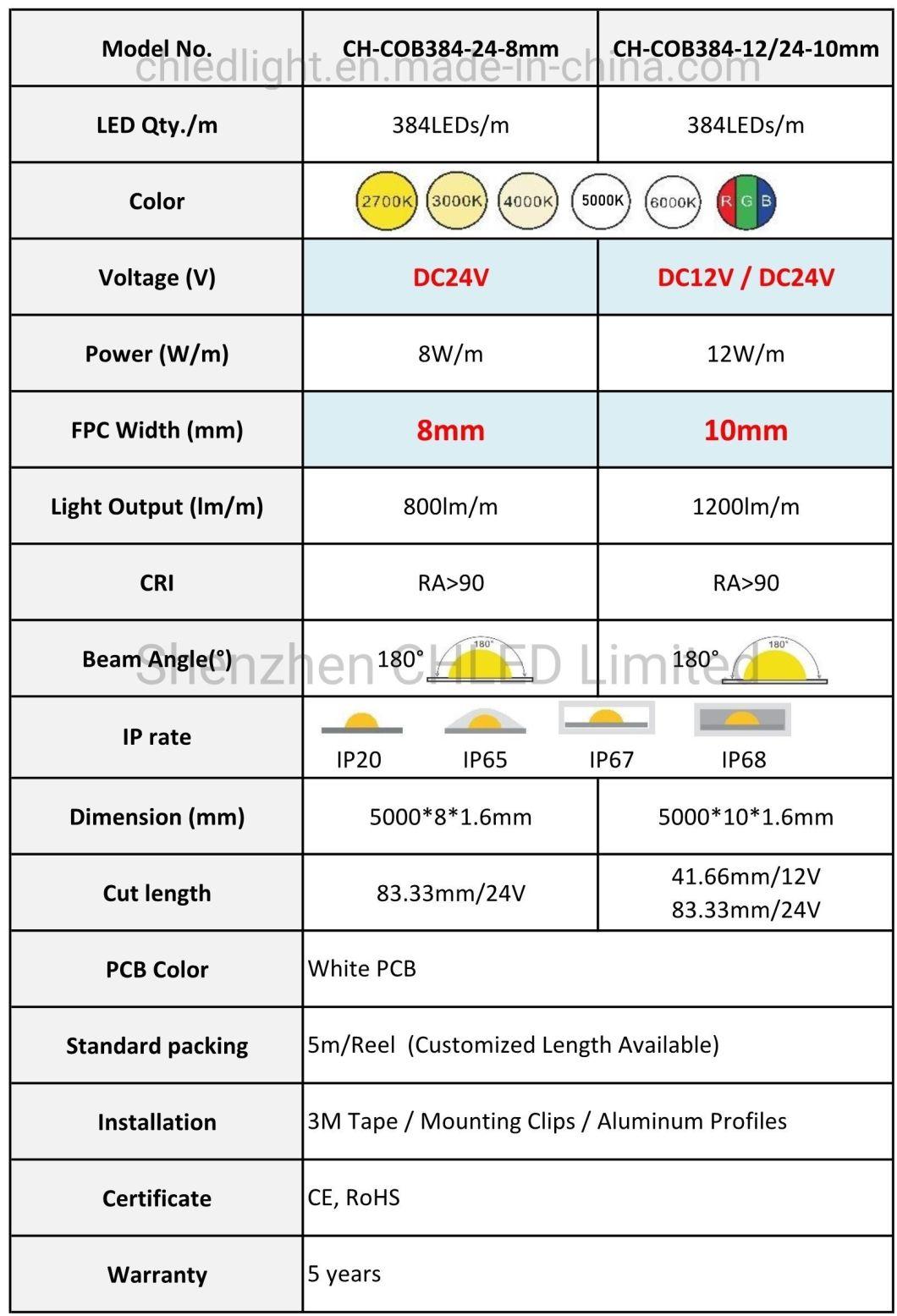 High Bright LED COB Strip Light 384LEDs/M 12V 24V Flexible Dotless COB LED Strip Lights LED Strip