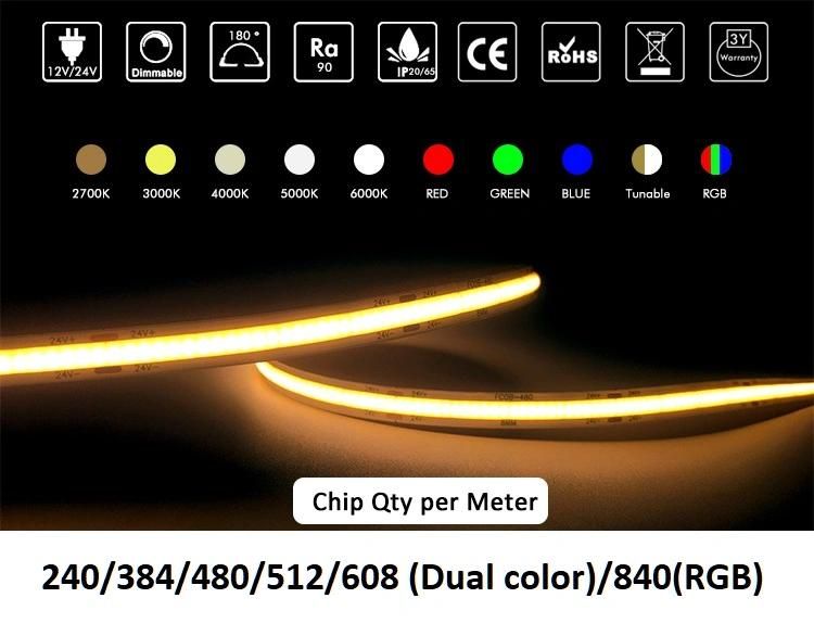 High Density LED Tape Ribbon Light DC12V 24V 480LEDs 8mm 10mm IP20 10W/M White Warm White DOT-Free Flexible COB LED Strip