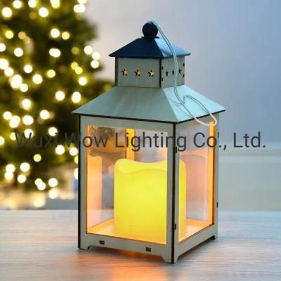 Wooden Lantern with Flickering LED Candle Christmas Decoration