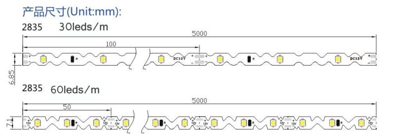 7.2W/M Zig Zag 41.6mm Cut 72LEDs/M 6mm S-Type LED Light Strip