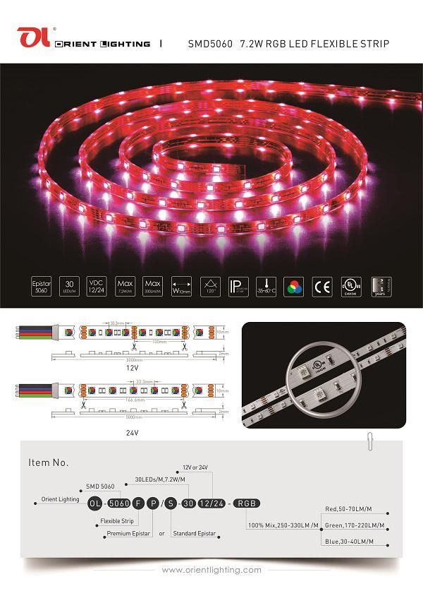 UL Ce 24VDC 30LEDs/M RGB SMD 5050 LED Flexible Strip Light