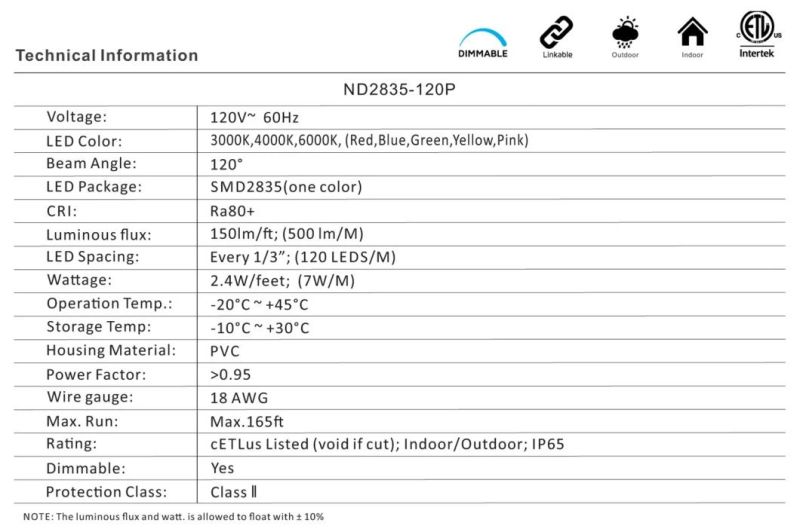 ETL 120V 2835-120p Waterproof Rope Light Tira LED