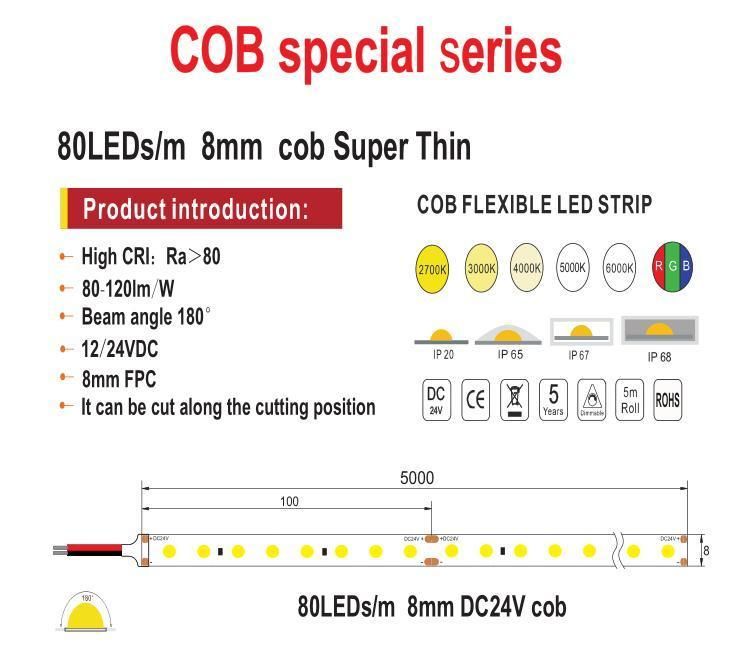 5m DC24V COB LED Strip 80 160 240LEDs High Density Flexible COB LED Lights CRI 80 CCT LED Tape LED Strip