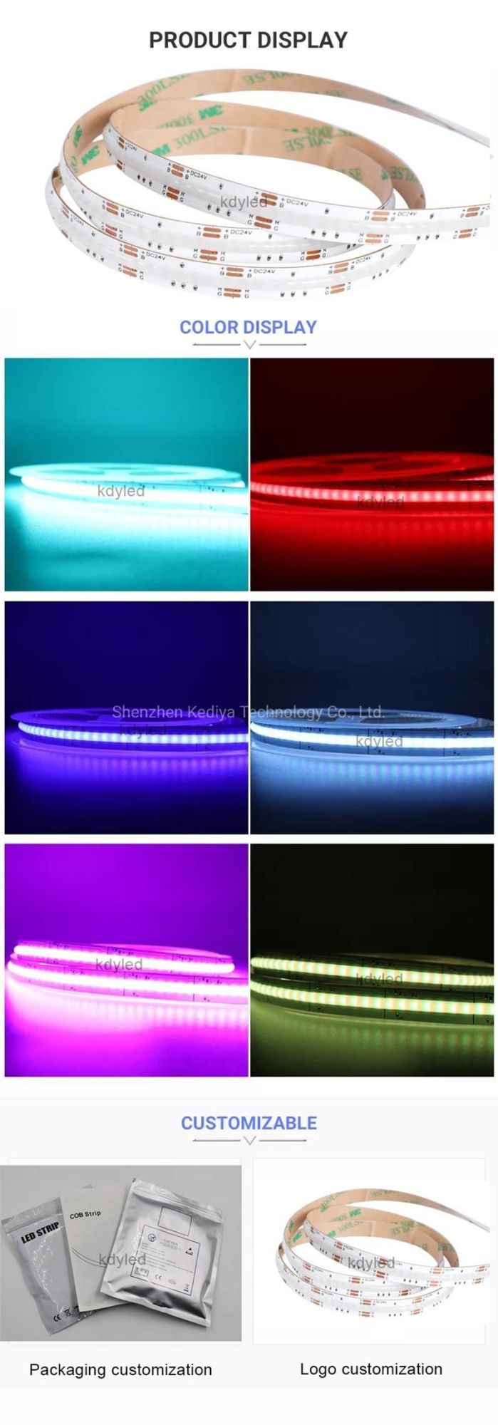 Tira De LEDs COB Strip Light DC 24V CRI 90 480 768 756 840 RGB High Lumen COB LED Tape Lights DOT for Extrusion Profile