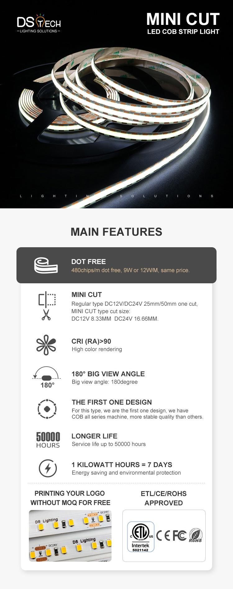 ETL DOT Free in Aluminum Profile COB Fcob LED Strip Light 12W 9W 10W