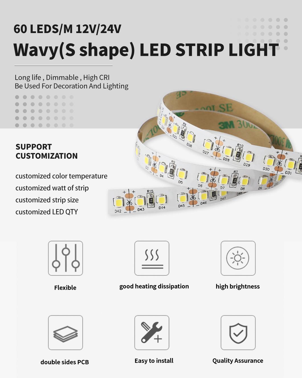 Super Bright 60LEDs/M SMD2835 S Shape LED Strip for Indoor Lighting