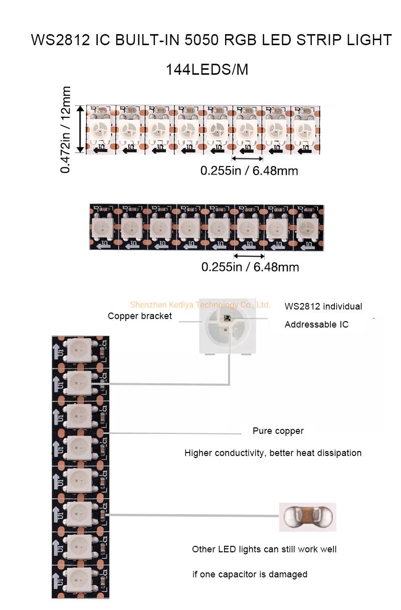 High Brightness Dream Color 5050 RGB 2812 Luces LED 30 60 144 LEDs/M Addressable Built in IC Ws2812 DC 5V Ws2812b LED Strip Light