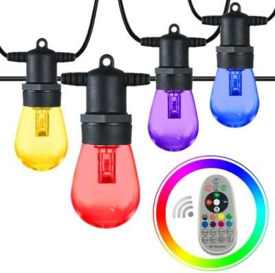RGB Solar String Lights, 48FT Outdoor Patio Lights with 15 LED Color Changing Bulbs