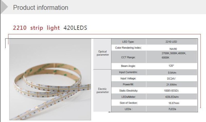 Best Quality SMD LED Strip Light 2210 420LEDs/M DC24V DC12V/24V/5V for Side View/Bedroom