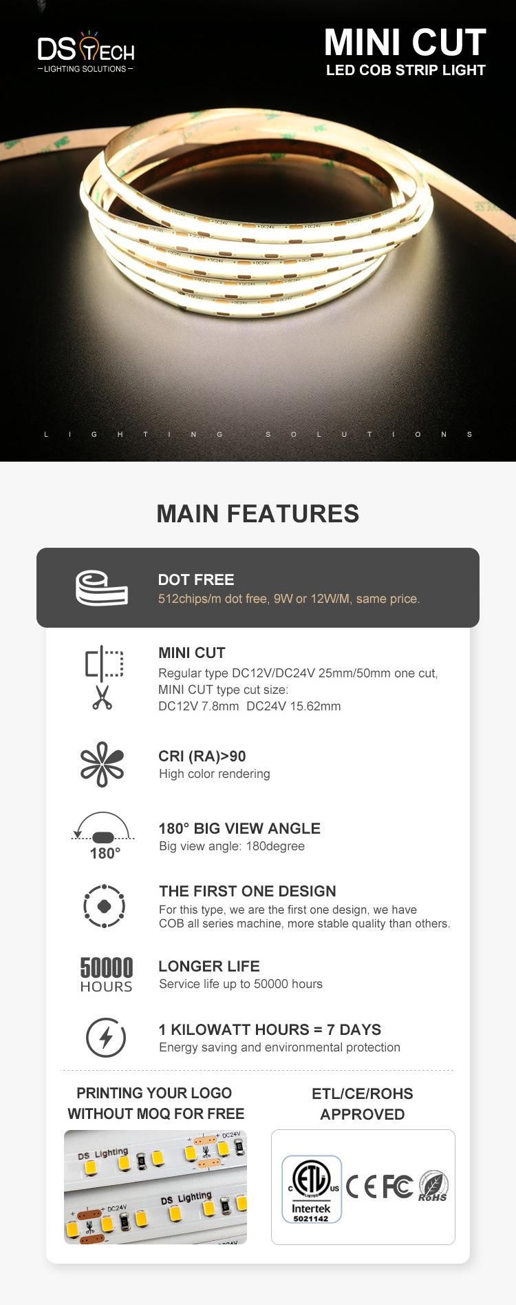 DOT Free in Aluminum Profile 512chips/M COB DC12V COB LED Strip Light