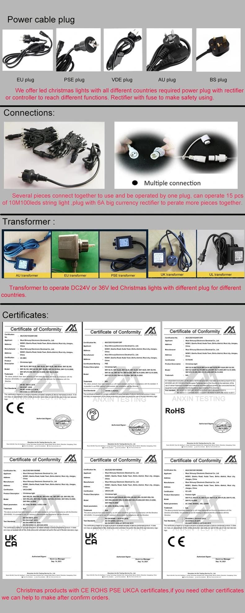 Outdoor IP65 Waterproof PVC Cable 120V LED Christmas String Light