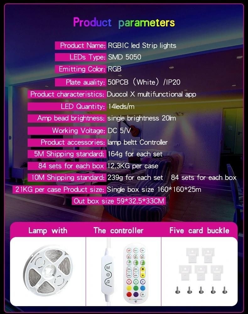 2021 Factory Rgbic LED Strip Lights RGB LED Light Strip Color Changing Wirelss Remote Controller Flexible Ribbon Light for Dancing Wedding Christmas Decoration