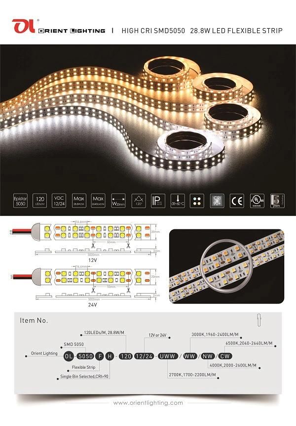 UL Ce Epistar 5050 Double-Line 120 LEDs/M 28.8W/M LED Strip Light