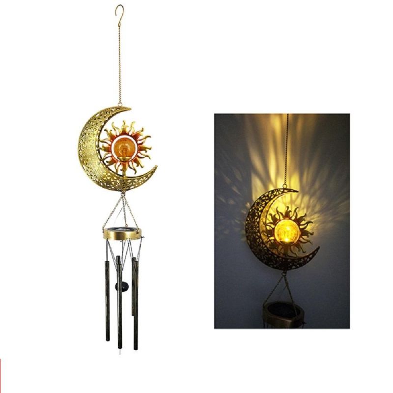 Sun Moon Hanging Outdoor Dé Cor Crackle Glass Ball Warm LED Memorial Wind Chimes Light with Deep Tone Metal Tubes Waterproof Wyz18489