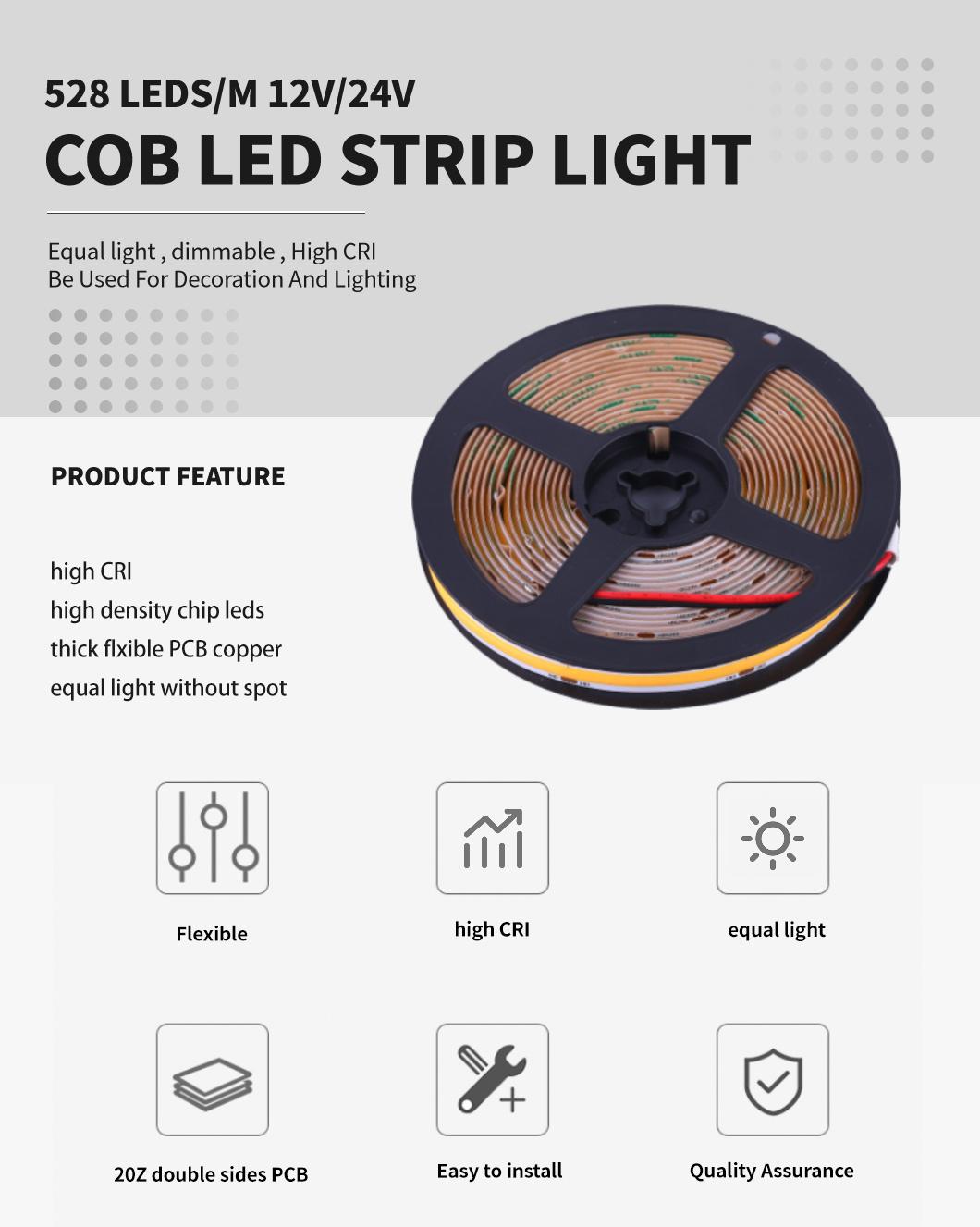 24V Flexible COB LED Strip Lighting 528LED/M Without Light Spot