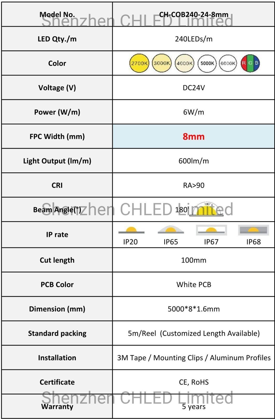 3000K 6000K White IP65 IP67 IP68 Waterproof LED Light 8mm 10W 24V LED Strip Light COB LED Light Strip for Indoor Outdoor Decoration Light