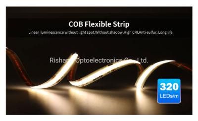 320 LEDs/M DC24V CRI&ge; 90 Dots Free COB Flexible LED Strip Light