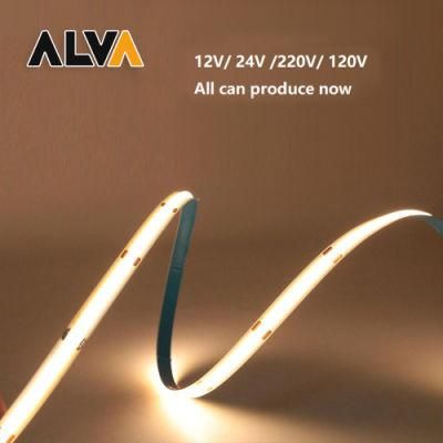 Alva / OEM 12V 24V 5m/Roll Indoor Outdoor Dotless Flexible Linear Line LED COB Rope Strip Light
