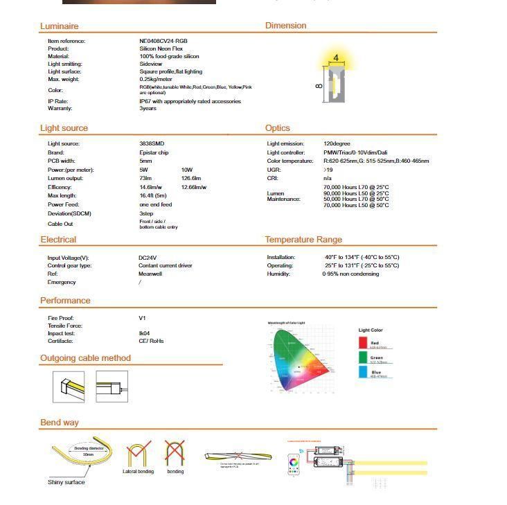 Small Ne0408 Waterproof Side-View White Lighting Silicone IP67 Vertical Bending Flex LED Neon Light