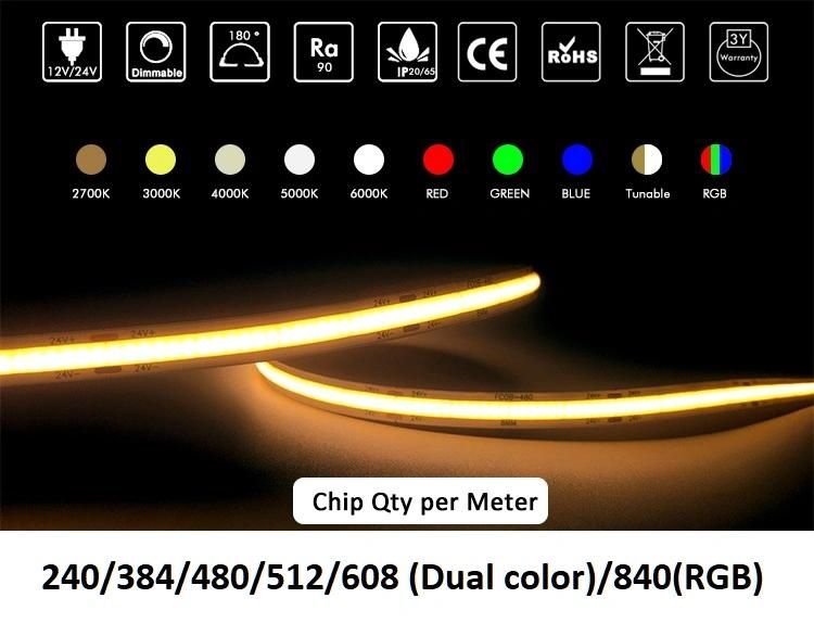 COB LED Strip 12V 24V Flexible 5mm 8mm 10mm Wide Ra 90 High Gloss LED Strip Ice Blue White Green Pink Yellow